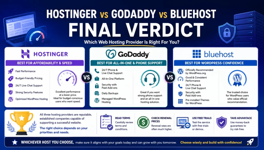 hostinger vs godaddy vs bluehost